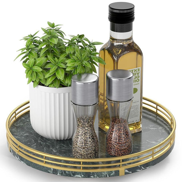 Green Marble Lazy Susan Turntable for Table Top – 10” Round Marble Tray Organizer for Dining Table, Kitchen Countertop & Bar, Luxury Stone Serving Tray with Gold Frame