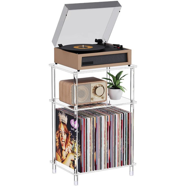 Bekugee Clear Acrylic Record Player Stand with Vinyl Storage, 15.75" L x 11.81" W x 24.5" H, 3 Tier Small Side Turntable Table with Album Shelf, Modern Bedside End Table for Living Room, Bedroom