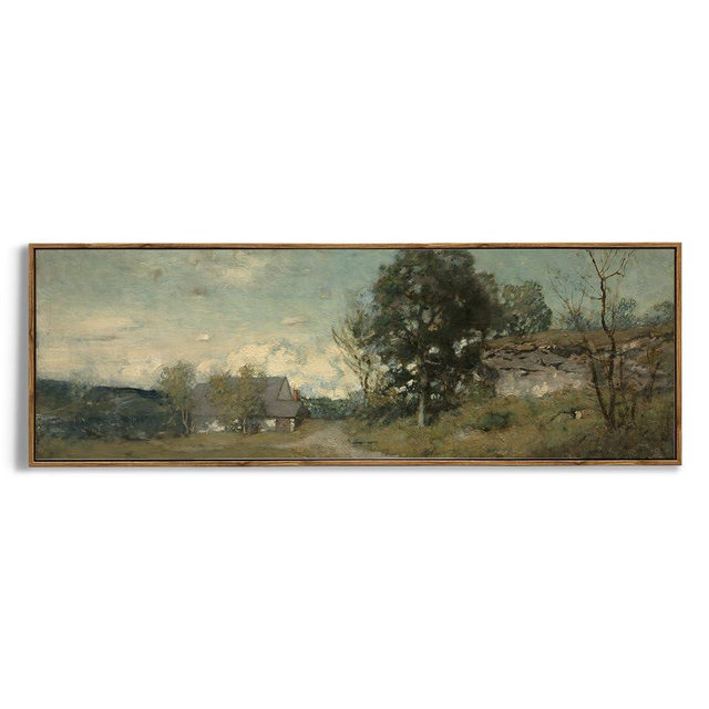 Framed Canvas Wall Art for Bedroom - Long Horizontal 13.5 x 40 Above the Bed - Vintage Farmhouse French Country Room Decor - Panoramic Spring Village Suburba Lane Oil Painting - Cottagecore Aesthetic
