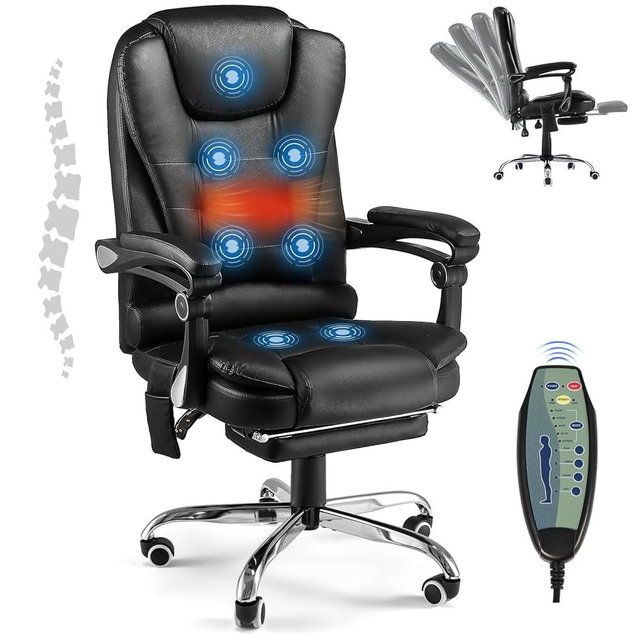 JFHID Heated Executive Office Chair with 7 Points Vibration Massage, Adjustable Height Home Office Desk Swivel Chair with Footrest Lumbar Back Support Fabric Computer Chair, Leather Black