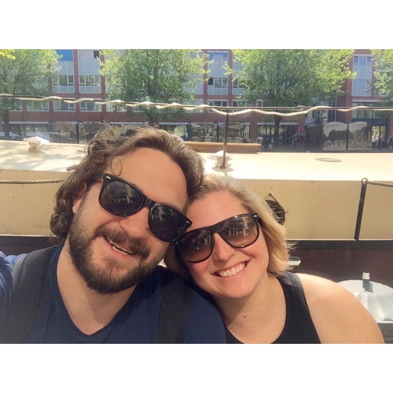 Hanging out on our houseboat in Amsterdam