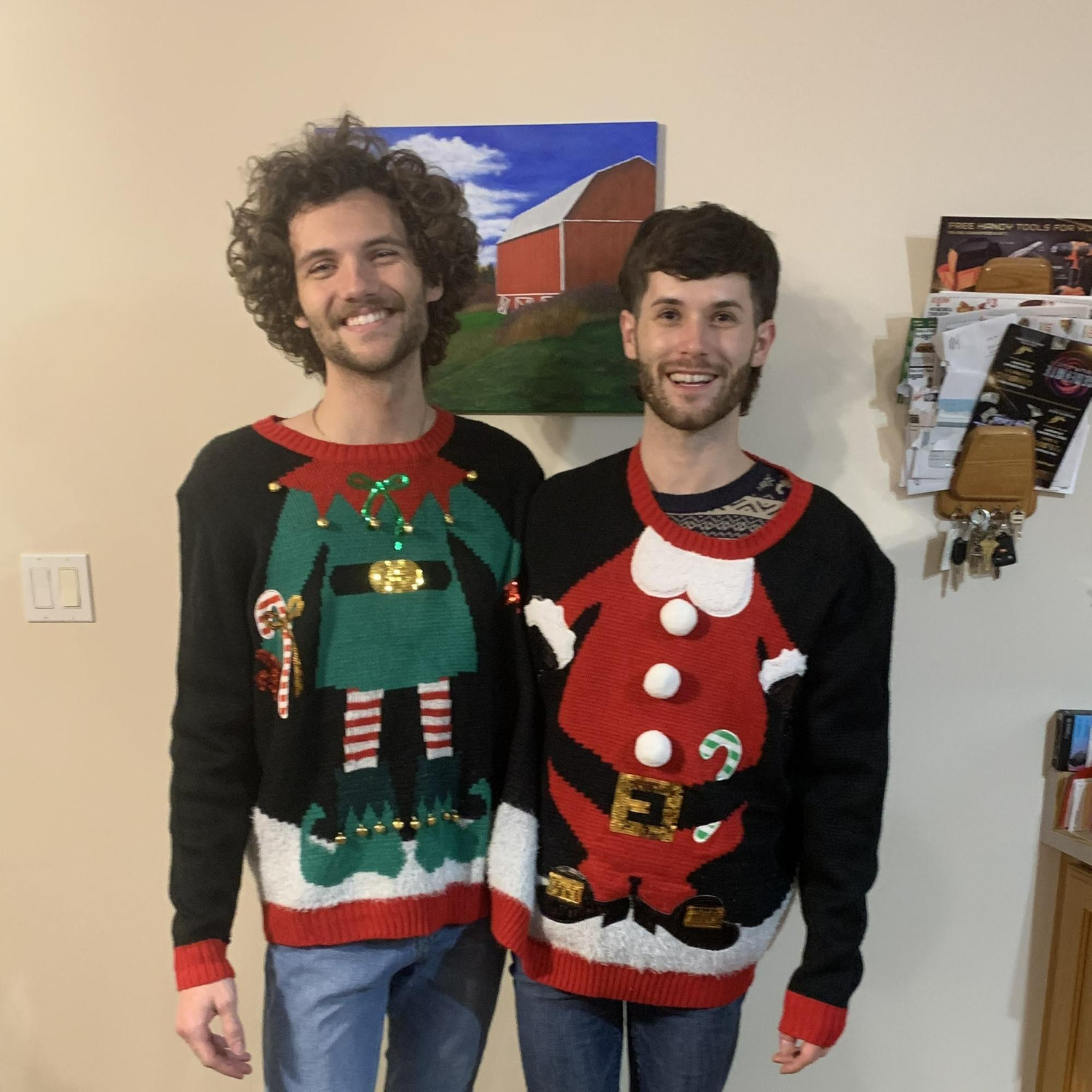 Couple’s conjoined ugly sweater at the Curtis house, Christmas 2021.
