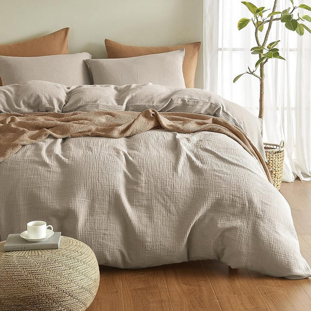 SE SOFTEXLY Muslin Duvet Cover Oversized King Size, 100% Washed Cotton Duvet Cover Set, Ultra Soft Comforter Cover Linen Like, 3 Pieces Minimalist Gauze Duvet Cover with 2 Pillowcases, 98"x120", Beige