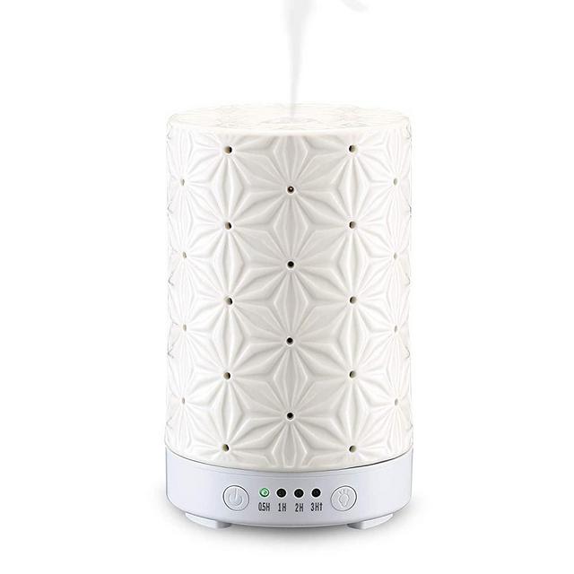 STAR MOON 100ml Ceramic Aromatherapy Essential Oils Diffuser, Ultrasonic Cool Mist Humidifier with Timer and 7-Color LED Night Light, Water-Less Auto Off Function - White Bauhinia Pattern
