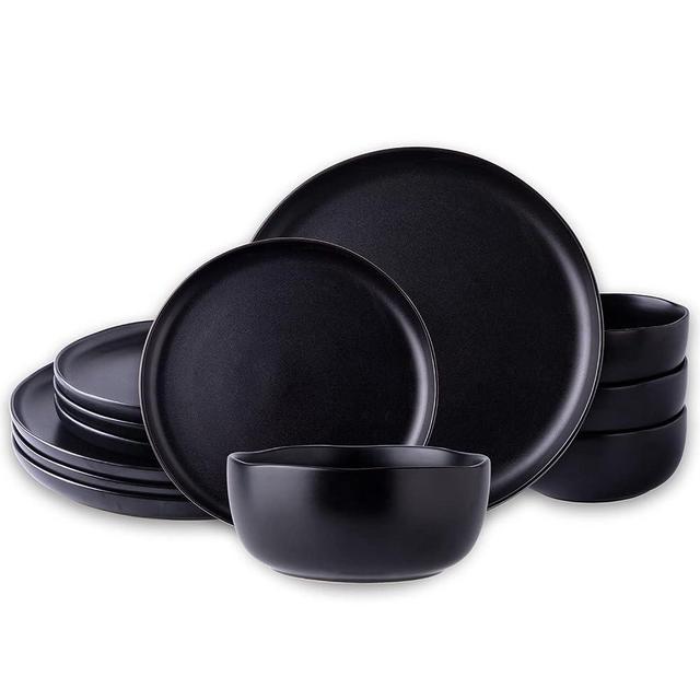 AmorArc Ceramic Dinnerware Sets,Wavy Rim Stoneware Plates and Bowls Sets,Highly Chip and Crack Resistant | Dishwasher & Microwave & Oven Safe Dishes set,Service for 4 (12pc)-Matte Black