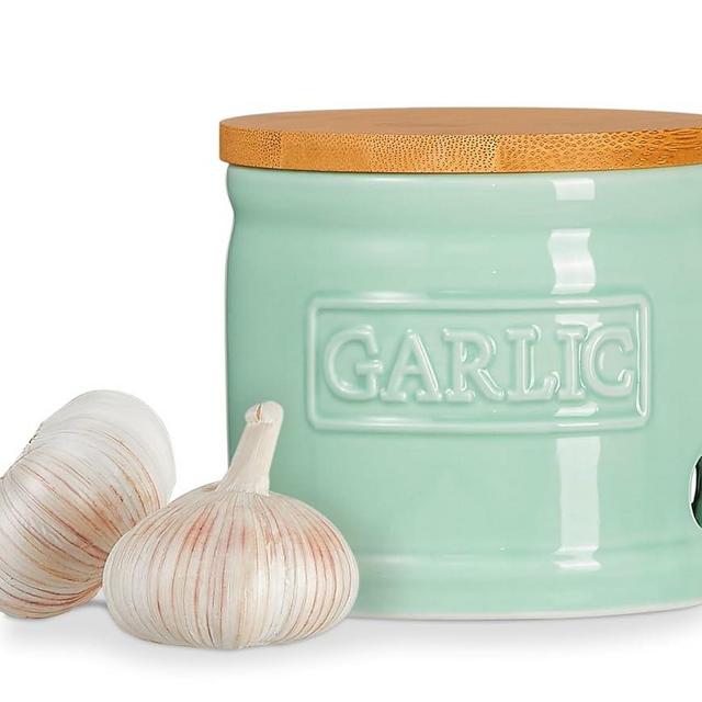 ONEMORE Garlic Keeper for Counter, Garlic Holder Countertop Storage Container, Garlic Saver Keeper with Lid, Ceramic Garlic Jar for Kitchen, Mint Green