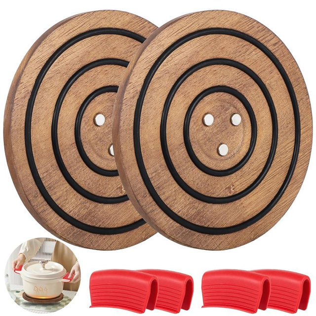 2 Pcs Magnetic Wooden Trivet, 8″ Round Acacia Wood with Black Silicone Rings Heat Resistant Pot Holder Stand Pad with 4 Silicone Pan Holders for Hot Dutch Ovens&Cast Iron Skillets