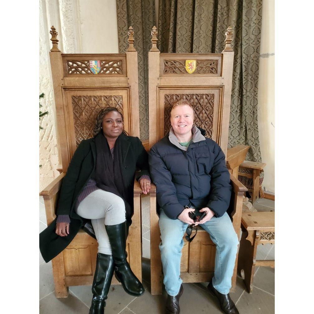 Sitting on the throne at Stirling Castle in Scotland.