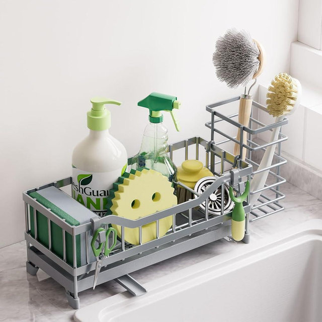 Sponge Holder for Kitchen Sink, Kitchen Sink Caddy with Long-Handled Dish Brushes Holder, 304 Rustproof Stainless Steel Countertop Organizers and Storage, Home Kitchen Sink Accessories(Silver)