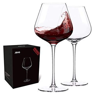 Hand Blown Italian Style Crystal Burgundy Wine Glasses - Lead-Free Premium Crystal Clear Glass - Set of 2 - 21 Ounce - Gift Box for any Occasion