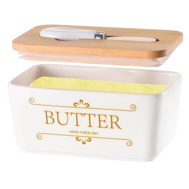 MKUPERFECT Butter Dish with Lid and Knife, Large Countertop Container, Holder, and Storage for East and West Coast Butter, Modern Ceramic White