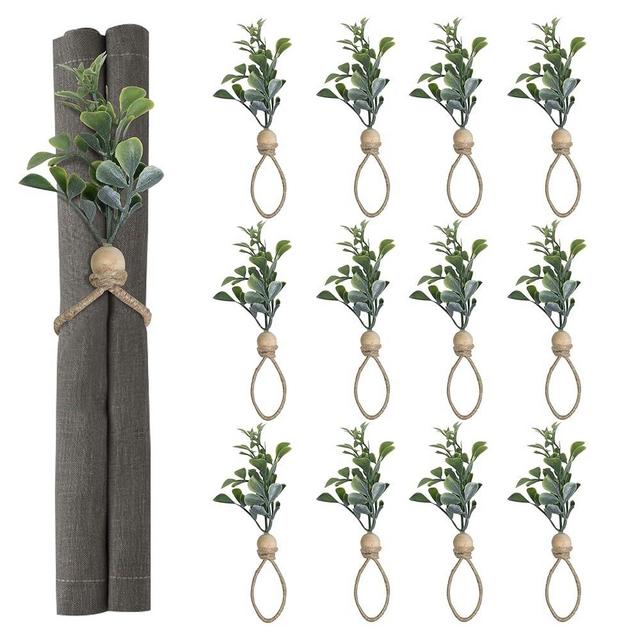 MAOANME Napkin Rings Set of 12, Rustic Eucalyptus Napkin Holder Rings with Wood Bead, Farmhouse Green Leaf Napkin Ring Bulk, Boho Napkin Ring for Wedding, Table Decor