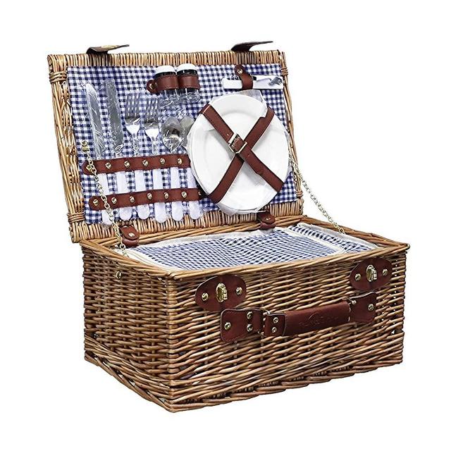 Rurality Picnic Basket for 2 Wicker Picknick Basket Set with Insulated Cooler for Outing Camping,Blue Gingham