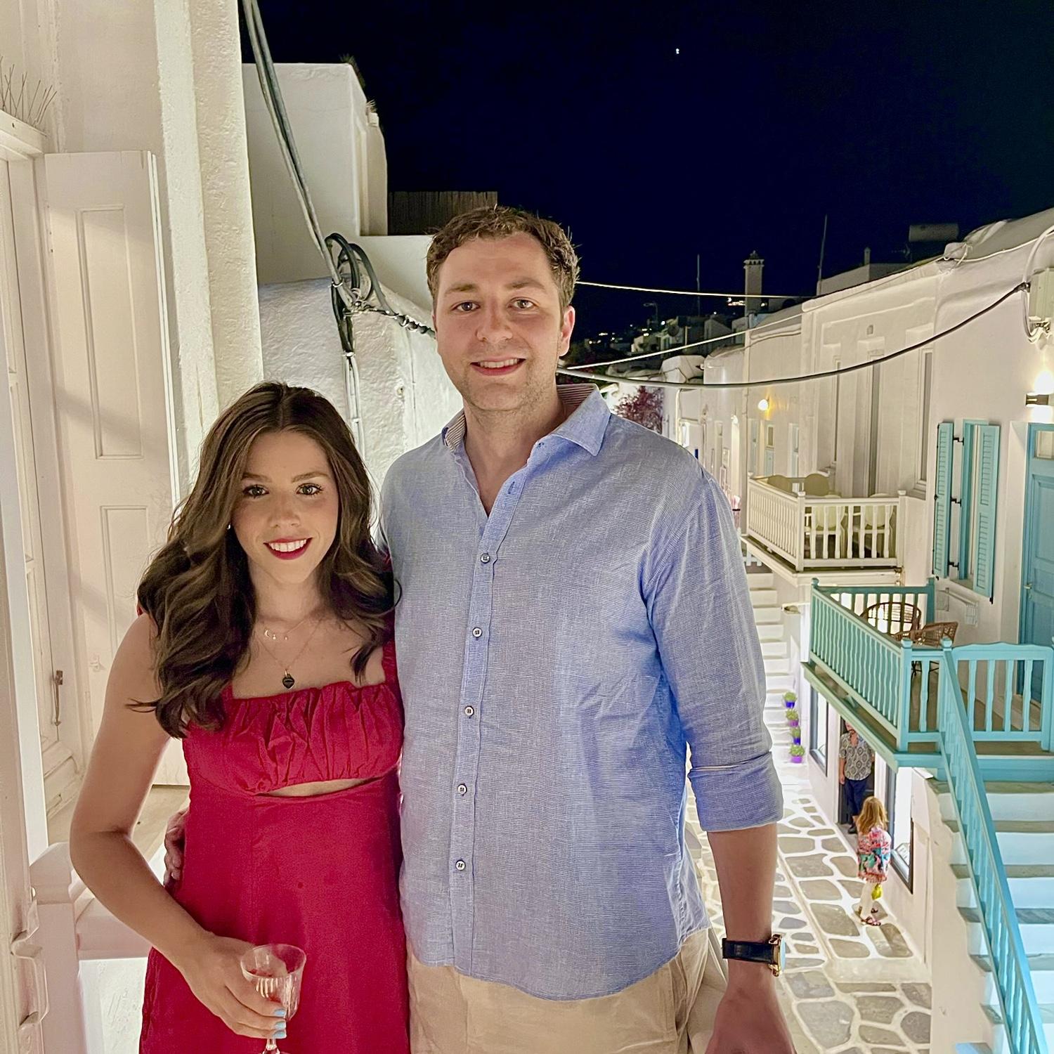 Our second Vacation Aboard, 2022 - Mykonos, Greece. Joined by Troy (a groomsman), Maria, and Ryan (a groomsman).