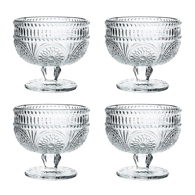 CHOOLD Vintage Sunflower Embossed Glass Footed Dessert Bowl Ice Cream Bowl Trifle Bowl Salad Bowl Candy Cake Bowl for Home Party Wedding 9 oz, Transparent, Set of 4