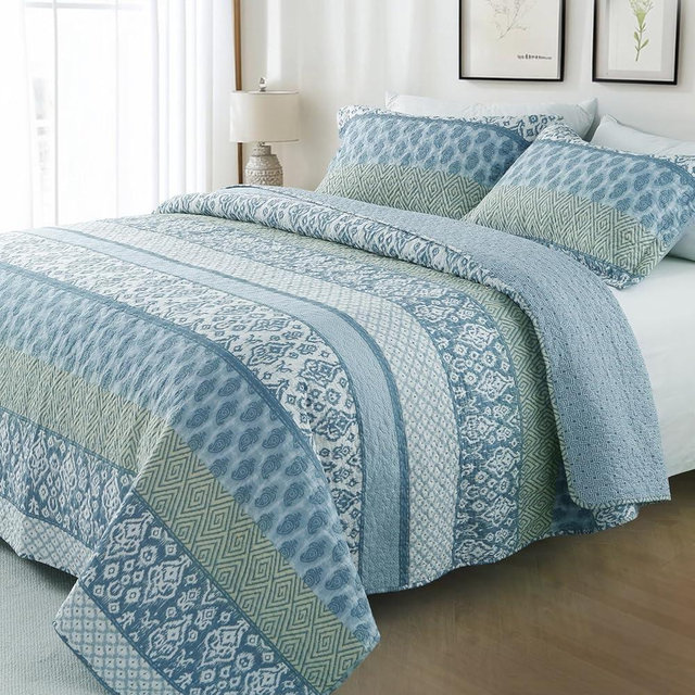 GOONE King Quilt Set 104x90 Inches, Blue Paisley Boho Bedspread Farmhouse Quilting Bedding Set, Lightweight Washed Coverlet Set, Reversible Bed Cover, Quilt King Size with 2 Pillow Shams All-Season