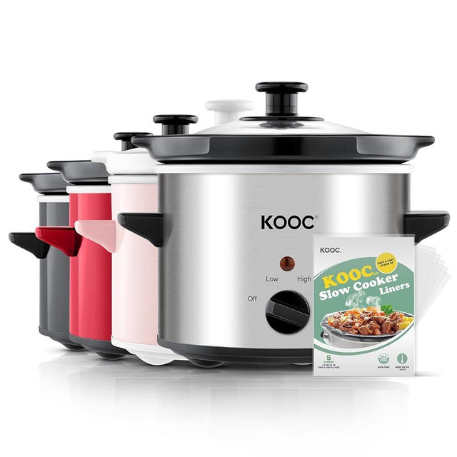 KOOC Small Slow Cooker, 2-Quart, Free Liners Included for Easy Clean-up, Upgraded Ceramic Pot, Adjustable Temp, Nutrient Loss Reduction, Stainless Steel, Silver, Round