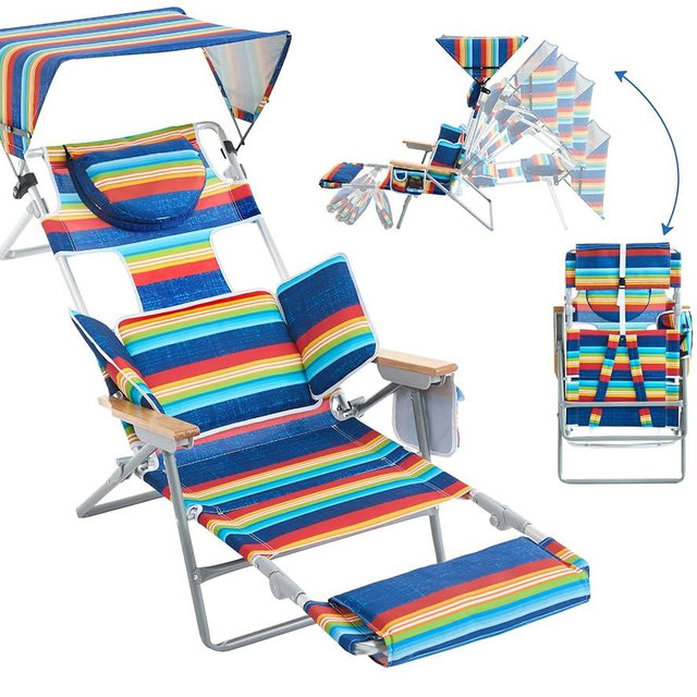 Oversized Heavy Duty Backpack Beach Chair with Sun Canopy, Reclining Lounge Chair Tanning Chair with Face Hole, 5-Position Foldable Camping Chair for Outdoor Sunbathing Beach Patio Pool (Multi Color)