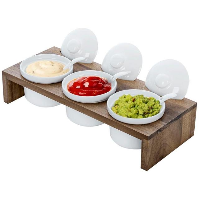 MyGift 10 Piece Condiment Pot Serving Set Includes Premium Acacia Solid Wood Raised Display Server Tray and 3 Ceramic Ramekin Dip Bowls with Lids and Spoons