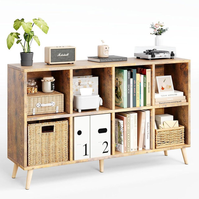 8-Cube Bookshelf 2 Tier Retro Bookcase with Legs, 11in Shelf Opening, 47" Wood Bookshelves Storage Organizer Shelf, Freestanding Open Book Shelves for Bedroom Living Room Office, Rustic Brown