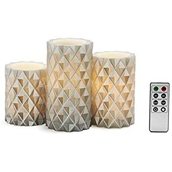 3 Textured Pearl Flameless Candles with Warm White LEDs, Wax, 8 Function Remote & Batteries Included