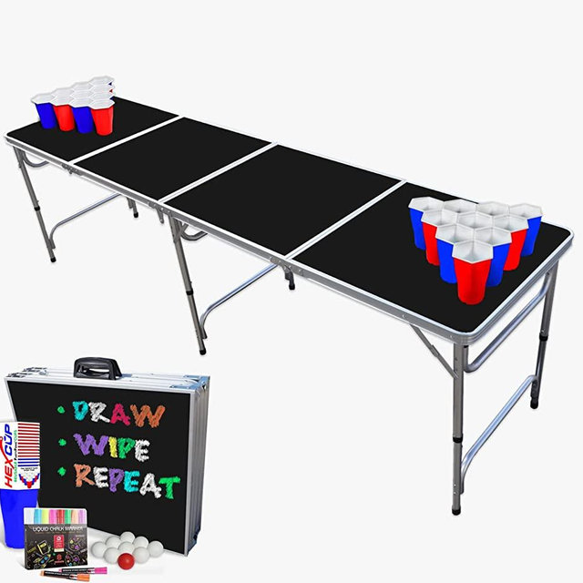 Standard 8-Foot Folding Pong Table w/HEXCUPs, NEON Wipe-Clean Non-Toxic Chalk Markers, Pong Balls, and Triangle Decals