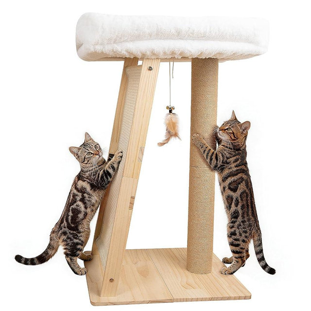 Famifit 31.5" Cat Scratching Post, 3-in-1 Multifunctional Natural Pine Wood Cat Furniture, Tall Scratch Posts with Perch&Scratcher, Boxed with Hanging Bell Toy, Large