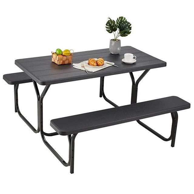 Haddockway Picnic Table Bench Set Patio Camping Table with All Weather Metal Base and Plastic Table Top Outdoor Dining Garden Deck Furniture for Adult Black