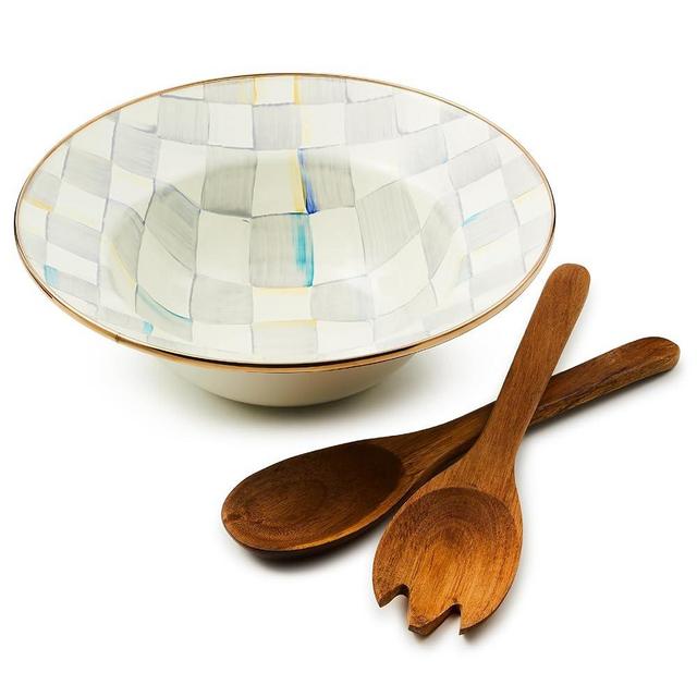 MACKENZIE-CHILDS Enamel Salad Serving Set, Enamel Bowl and Wooden Salad Servers, Decorative Kitchen Set, Gray-and-White Sterling Check