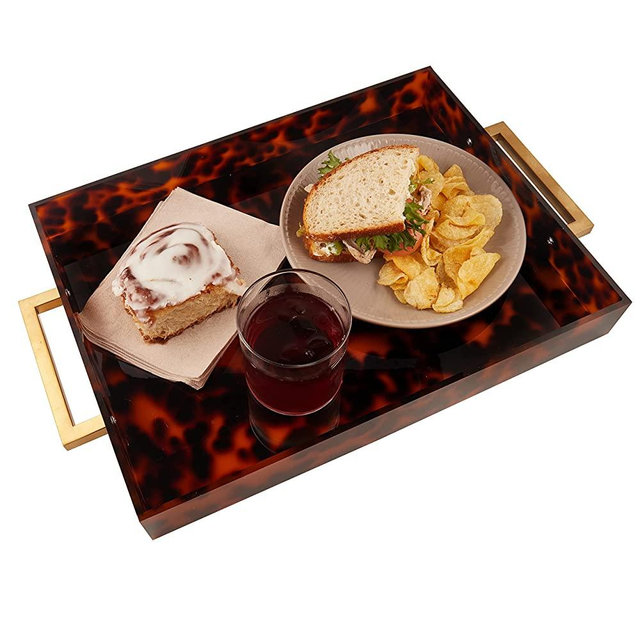Acrylic Serving Tray with Gold Handles, 16" x 12" Decorative Trays for Coffee Table, Spill Proof Food Drink Server, Ottoman Tray for Countertop, Kitchen, Vanity, Serving Party Platter (Tortoise Shell)