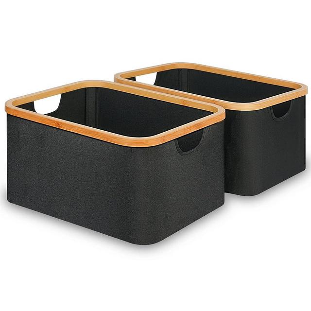 efluky Storage Baskets for Organizing, Fabric Storage Baskets with Bamboo Handles, Collapsible Storage Baskets for Shelves and Closet, Black Set of 2