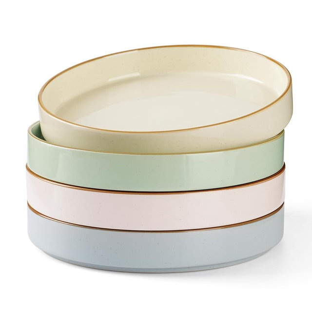 famiware Nebula Pasta Bowls for 4, 8.75-inch Salad Bowl Sets, Large Wide Bowls for Serving Dinner, Hand-Painted Brown Rim, Microwave and Dishwasher Safe, Multi-color