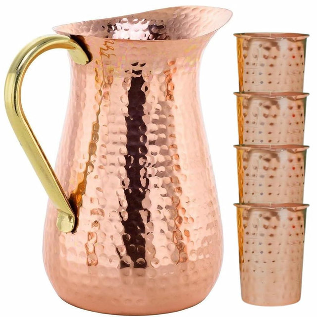 POSHGRAM Copper Pitcher Handcrafted Excellence, Hammered Texture Copper Water Pitcher with Sturdy Handle, Set of 4 Glasses for Everybody, Capacity of jug -1.25 L and Capacity of each glass -250ml