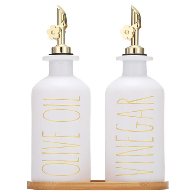 HOMCDALY Olive Oil Dispenser Bottle, Glass Oil Dispenser for Kitchen, Olive Oil Bottle for Kitchen, Gold Oil and Vinegar Dispenser Set, Oil Container, Oil Cruet| Set of 2 (11.8oz –P–Gold)