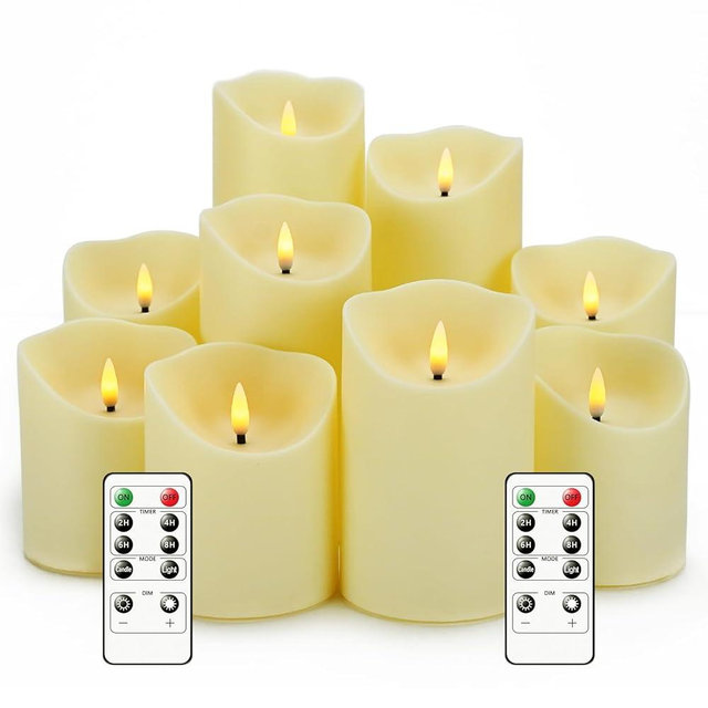 Nimiko Flameless Candles with Remote, Battery Operated Flickering Flameless Candles, LED Candles with Timer 2/4/6/8H, with Realistic LED Candles Set of 9 (D3 x H 3" 4" 5" 6" 7") (Ivory)