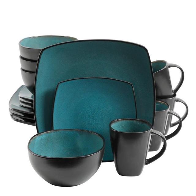 Teal Gibson Soho Lounge Square 16-Piece Stoneware Dinnerware Set