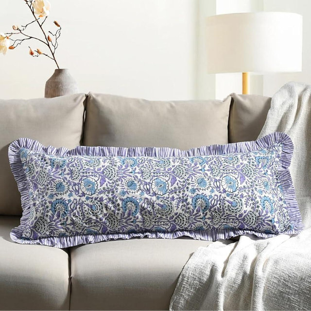 CPC Aqua Blue 100% Cotton Block Print Ruffle Sham Cover 14x36 inch, Handmade Boho Floral Pillowcase, Farmhouse Cottagecore Bedding, Soft Decorative Cushion Cover for Bedroom Décor