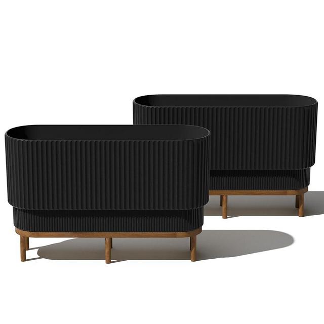 Veradek Demi Series Raised Long Planter for Indoor/Outdoor Use | Made from Plastic & Concrete w/Wooden Stand | Modern Patio Décor for Flowers/Shrubs
