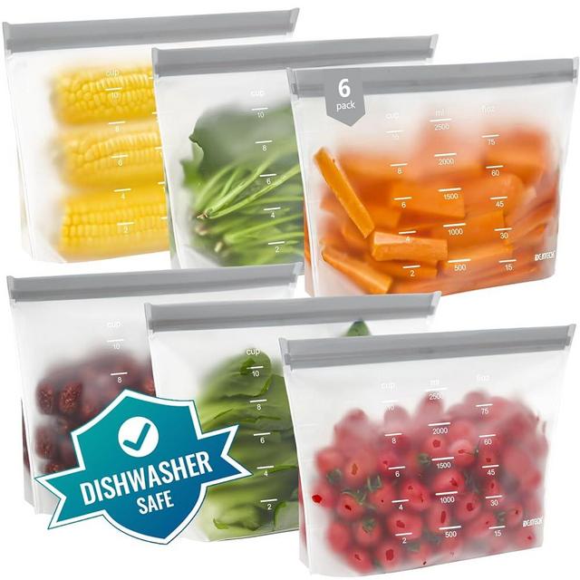 Dishwasher Safe Reusable Storage Bags Stand Up - BPA Free PEVE Reusable Sandwich Bags - Leakproof Gallon Freezer Bags, Silicone Food Storage Bags (Multicolor (6 Ganllon))