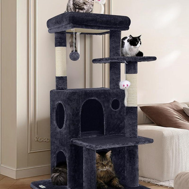 Globlazer FC50 Cat Tree Tower for Indoor Cats, 50-inch Adult Cat Tree House for Large Adult Cats with Steps, Scratching Post, 2 Cat Caves, Dangling Toys, Dark Grey