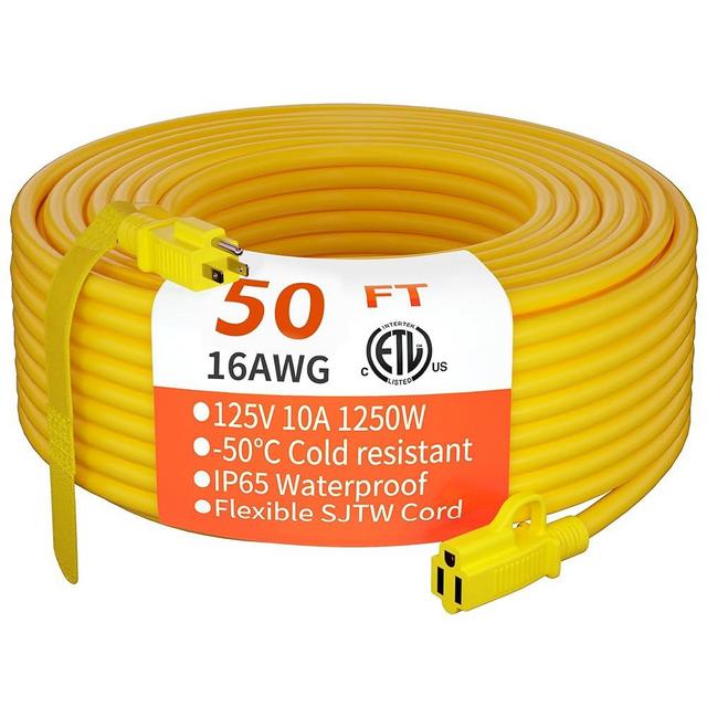 HUANCHAIN Indoor Outdoor Extension Cord 50 ft Waterproof, 16/3 Gauge Flexible Resistant Appliance Extension Cord Outside, 13A 1625W 16AWG SJTW, 3 Prong Heavy Duty Electric Cable Yellow, ETL