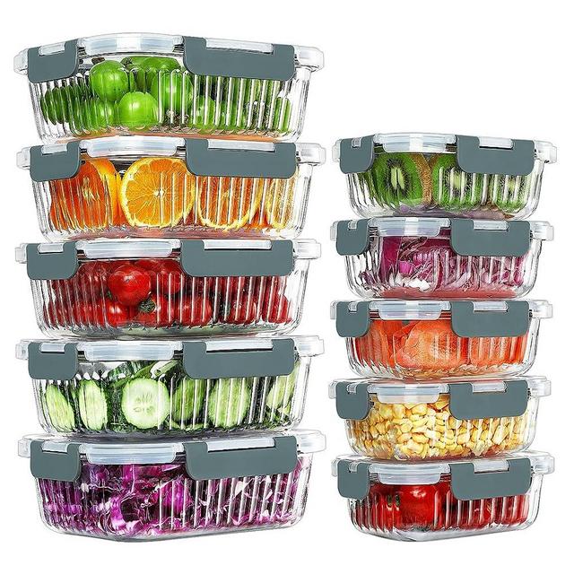 KOMUEE 10 Packs Glass Meal Prep Containers with Lids, Glass Food Storage Containers Set, Airtight Lunch Containers, Microwave, Oven, Freezer and Dishwasher Friendly, Gray