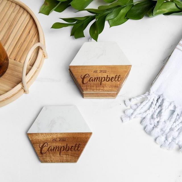Wood and Marble Hexagon Coaster Set, Wedding Gifts, New Home Gift, Newly Wed Gift, Wedding Favor, Realtor Gift, Personalized Gift