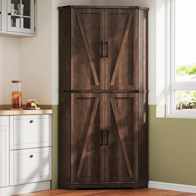 Dripex 71" Corner Cabinet Brown, Farmhouse Kitchen Pantry Cabinet with Doors Storage & Adjustable Shelves, Tall Corner Storage Cabinet with LED Light, Food Pantry for Living Room, Dining Room
