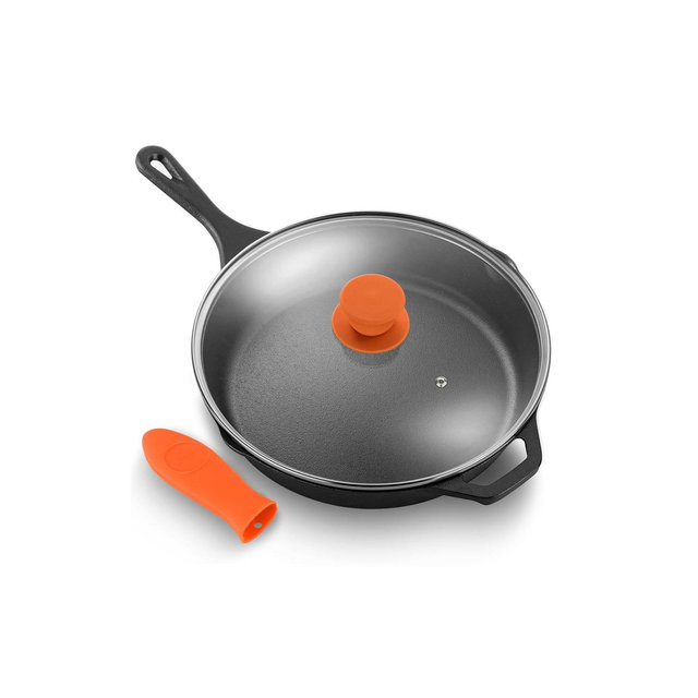 NutriChef 12'' Pre-Seasoned Cast Iron Fry Pan with Glass Lid & Silicone Handle
