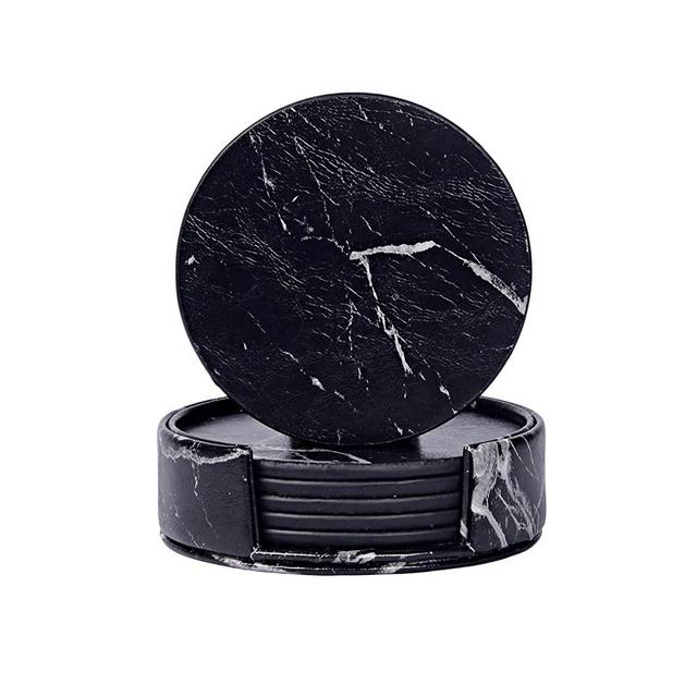 WAYIFON Coasters for Drinks, 6 PCS Upgrade PU Leather Coasters with Holder, Heat Resistant Round Cup Mat Pad - Protect Furniture from Stains and Scratch, Housewarming Marble Black