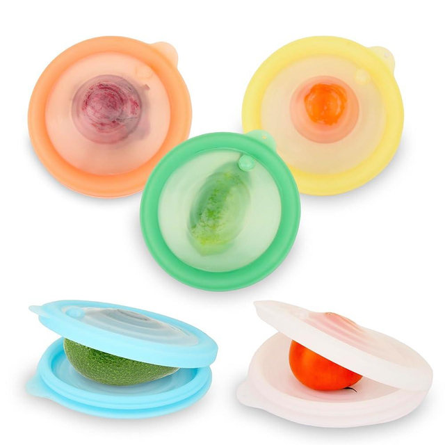Silicone Reusable Vacuum-Seal Storage Containers for Fridge,Fresh Fruit,Vegetables,Garlic,Onions,Lemons,Potatoes,Meat,for Microwave Oven Heating,Freezer,Dishwasher,Avocado Saver,Tomato Holder,5 Pack