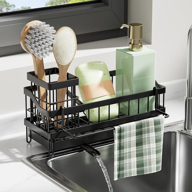 Teahain Sponge Holder for Kitchen Sink Organizer, Sink Caddy with High Brush Holder, Rustproof and Non-slip, Soap Dispenser Kitchen Organizers and Storage Essentials (Black)