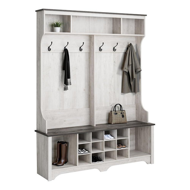 Prepac Farmhouse Washed White Hall Tree, Shoe Cabinet, Storage Cabinet with 12 Shoe Cubbies, 2 Boot Cubbies and 6 Double Coat Hooks 15.5" D x 60" W x 77" H