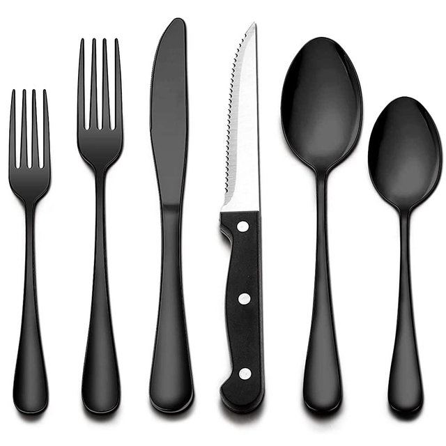Wildone 48-Piece Black Flatware Set with Steak Knives, Stainless Steel Silverware Cutlery Set Service for 8, Tableware Eating Utensils Include Knives/Forks/Spoons, Mirror Polished, Dishwasher Safe